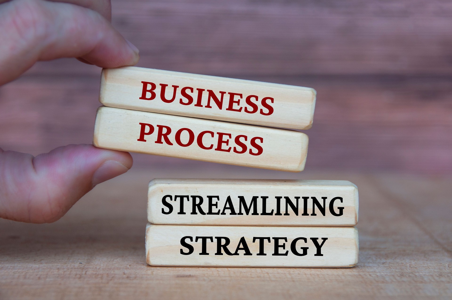 Business process and streamlining strategy text on wooden blocks. Business culture and Operational excellence concept