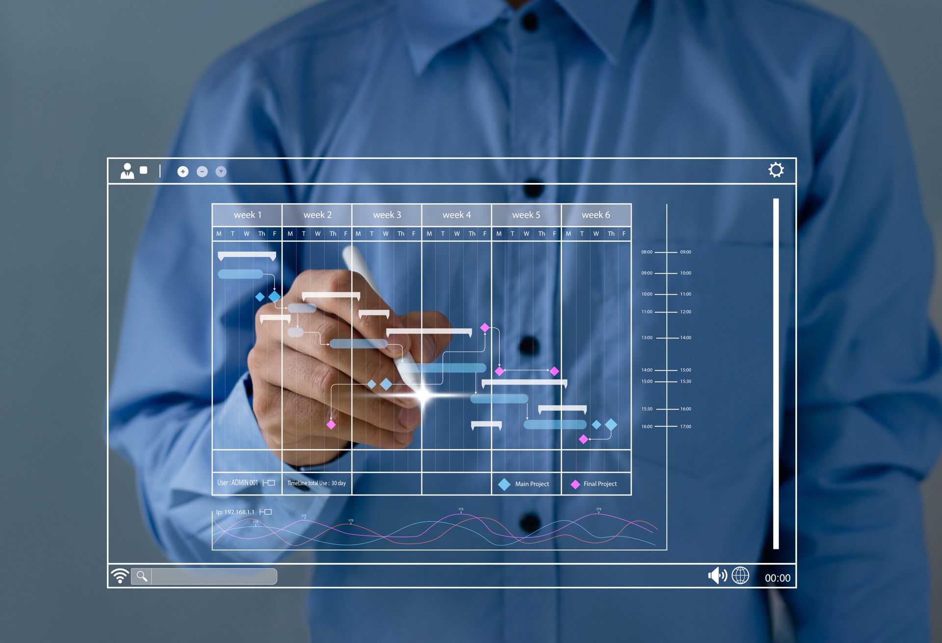 Project manager working with Gantt chart schedule to plan tasks and deliverables. Corporate strategy for finance, Scheduling activities with a planning software, operations, sales, marketing.